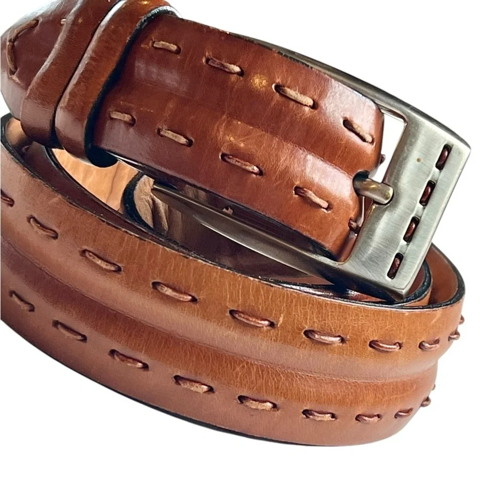 Vintage Brown Leather Belt Solid Brass Silver Buass Silver Buckle Unisex Classic